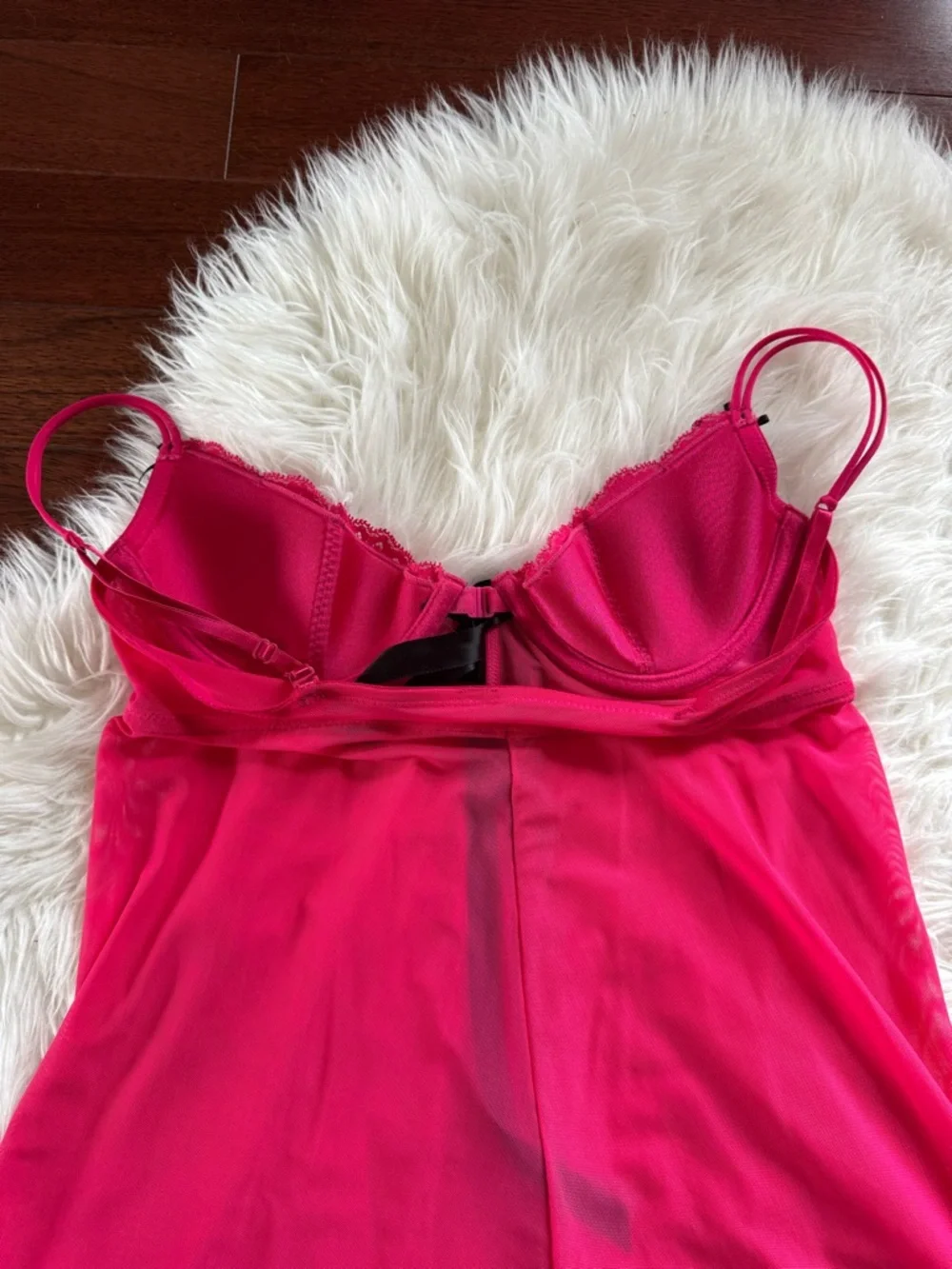 LA SENZA pink lace and chiffon babydoll lingerie with black ribbon size M - Picture 5 of 8